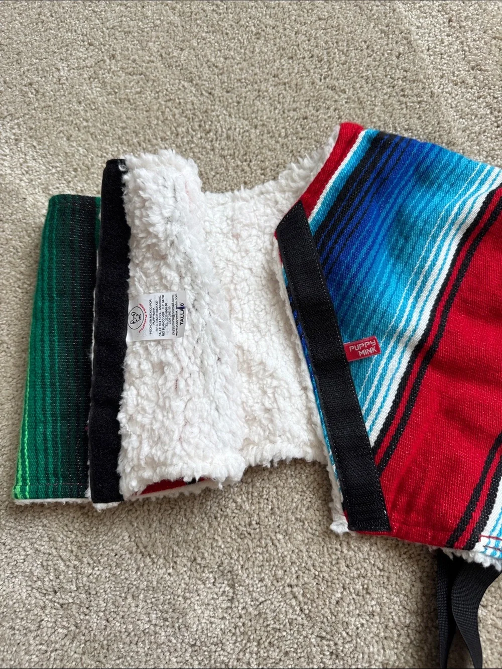 Striped multi-colored Serape Dog Coat with Sherpa Trim